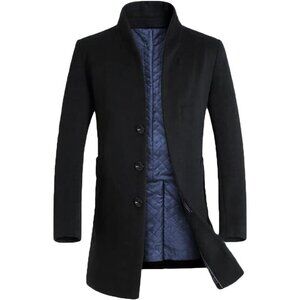 Men's  Black Trench Coat Long Wool Blend Overcoat Slim Fit Down Topcoat